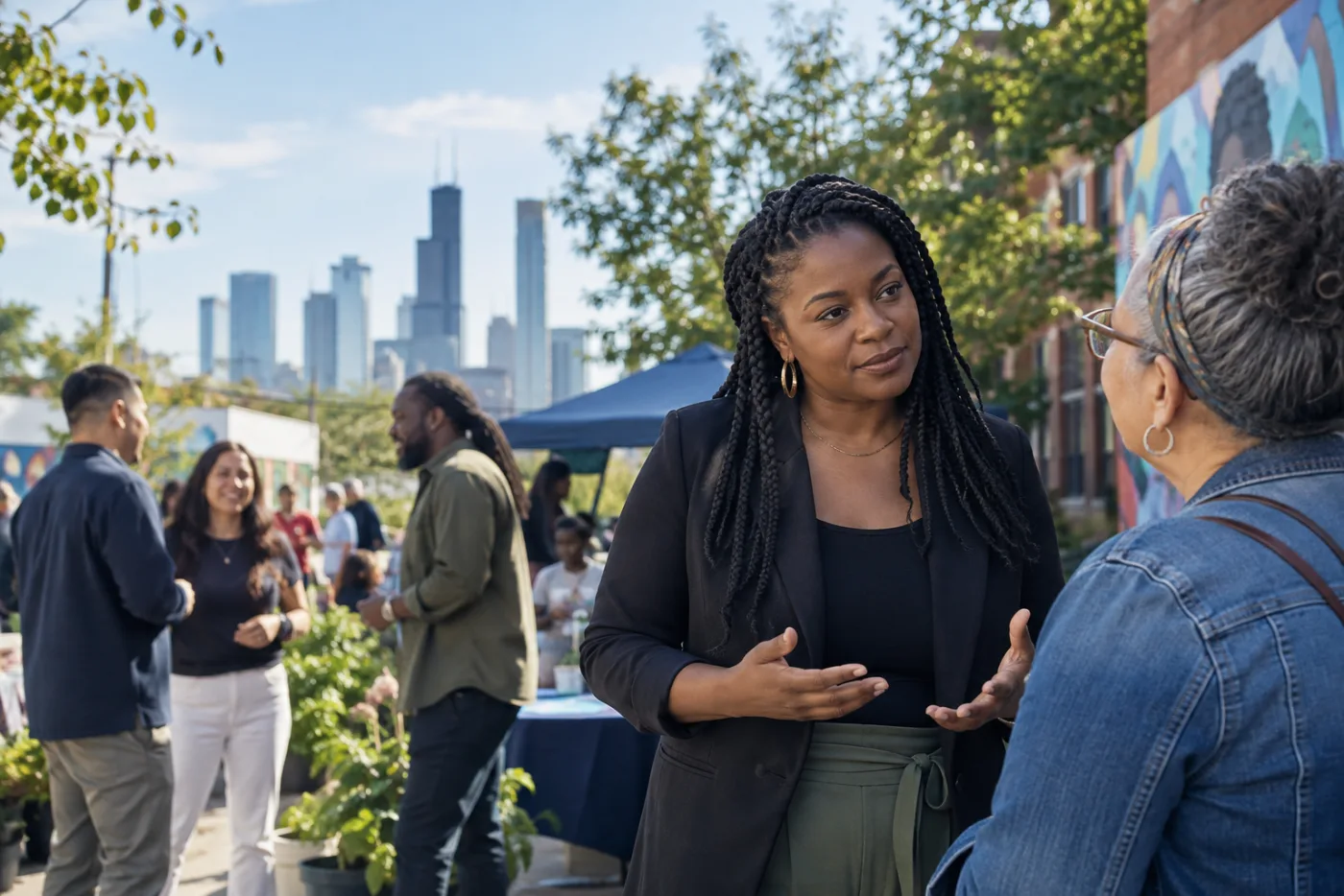 Community outreach professional listening at a neighborhood gathering