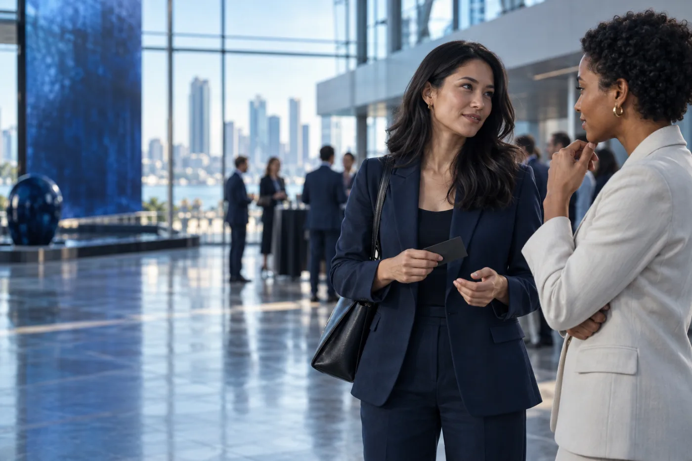 Technology sales professionals talking at a conference