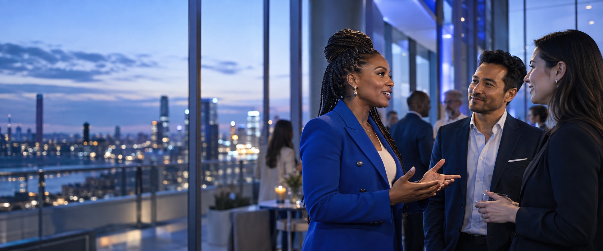 Professionals continuing a conversation at a modern gathering